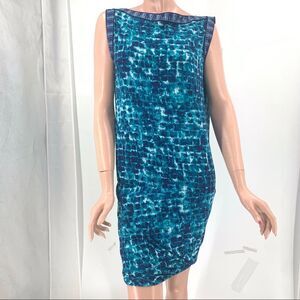 BCBGMaxazria Sleeveless Black and Blue Geo Print Jersey Knit Dress